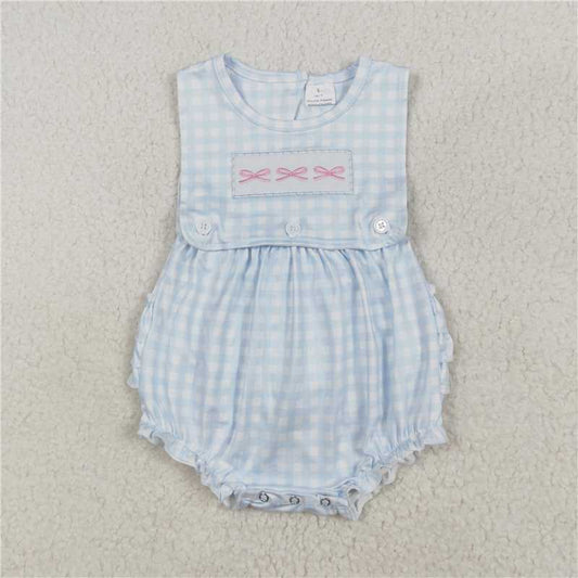 SR2203Baby Infant Girls Blue Checkered Bows Sleeveless Rompers