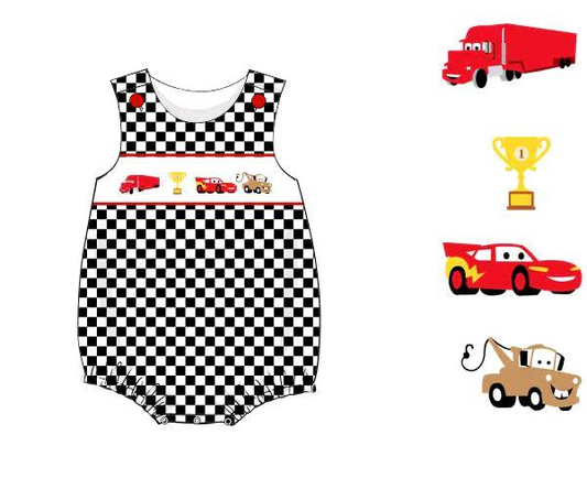 SR2207 Baby Infant Boys Racing Cars Checkered Rompers preorder