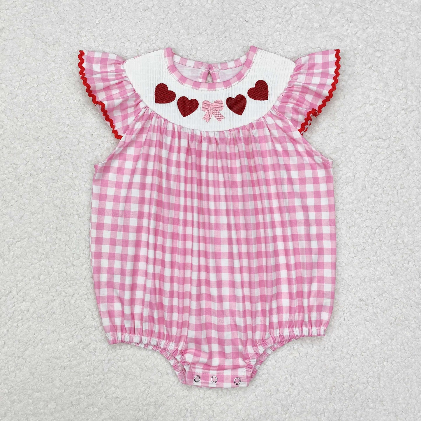 SR2214  Pink plaid heart bow smocked baby girls Valentine's romper