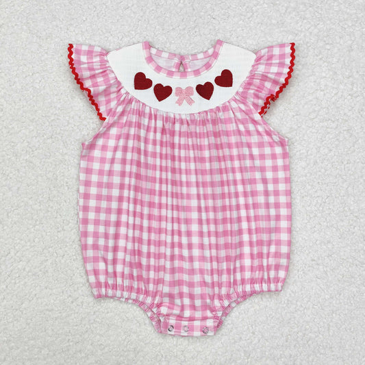 SR2214  Pink plaid heart bow smocked baby girls Valentine's romper