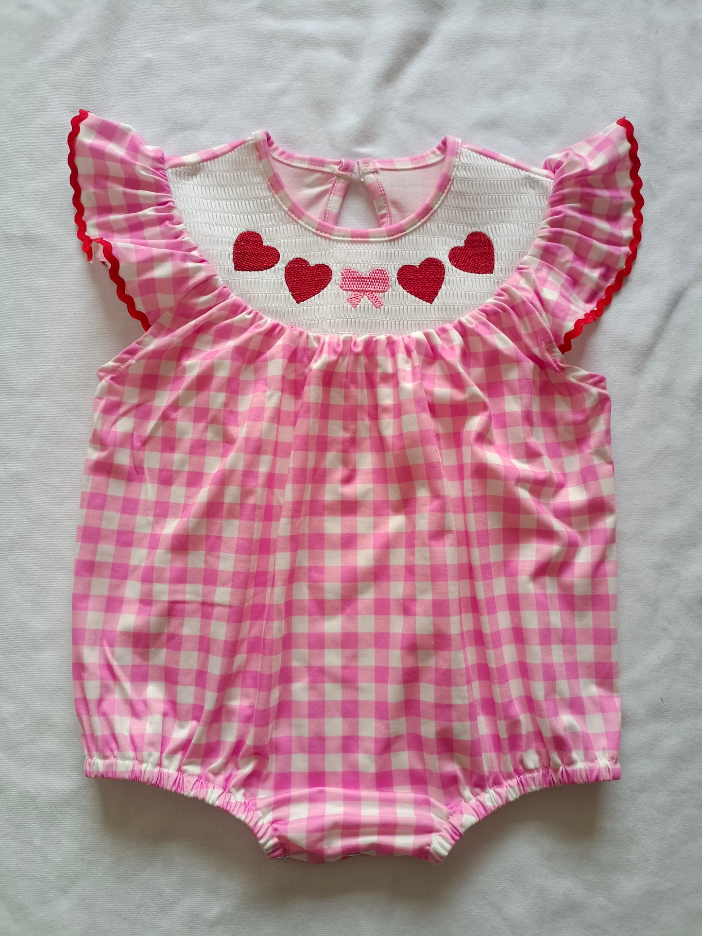 SR2214  Baby Infant Girls Valentines Hearts Bow Checkered Smocked Rompers preorder
