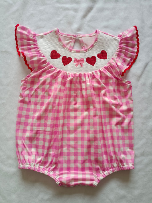SR2214  Baby Infant Girls Valentines Hearts Bow Checkered Smocked Rompers preorder