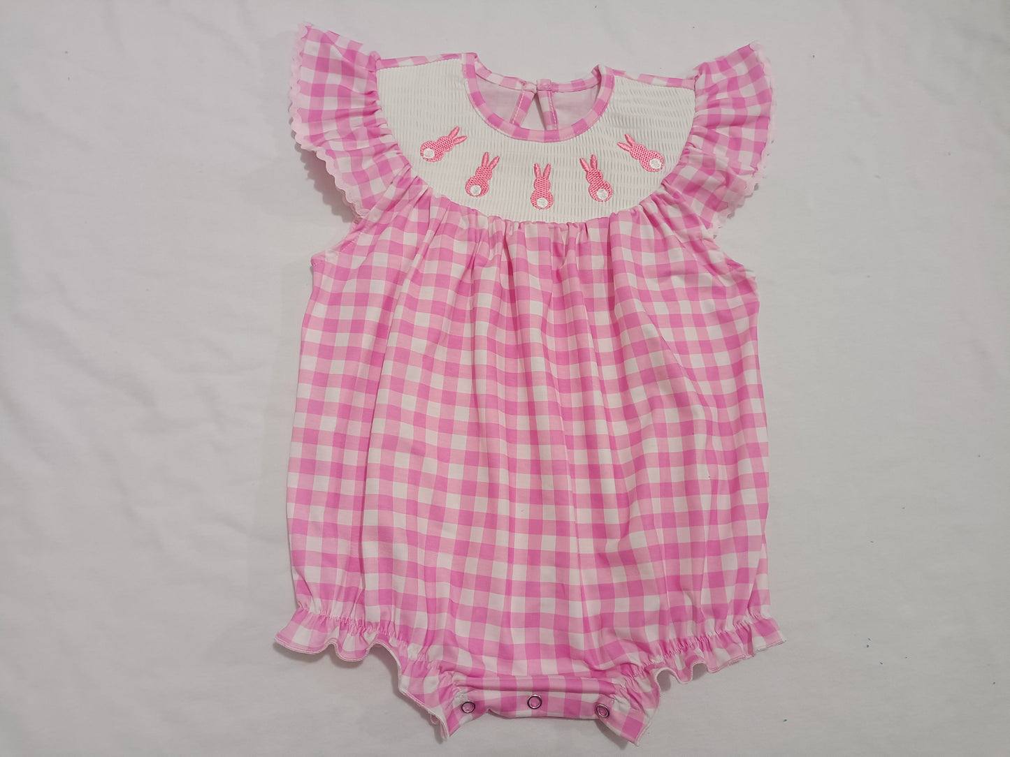 SR2215 Embroidery Baby Infant Girls Easter Rabbits Checkered Smocked Rompers preorder