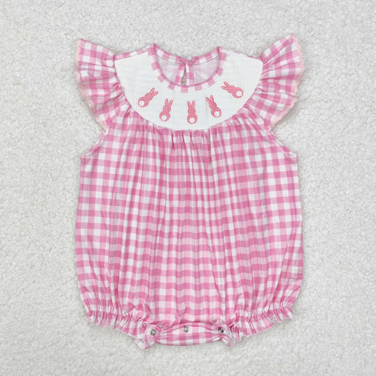 SR2215Pink plaid bunny smocked baby girls Easter romper
