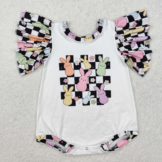 SR2227Short sleeves plaid floral bunny baby girls Easter romper