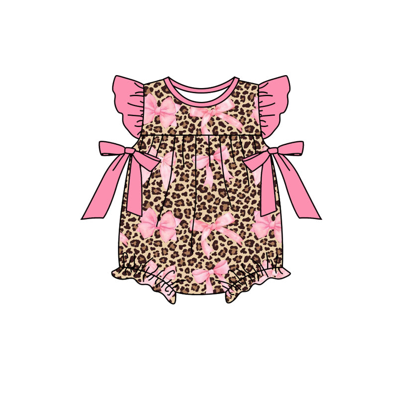 SR2238 Baby Infant Girls Leopard Pink Bows Flutter Sleeve Rompers preorder