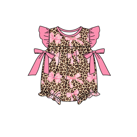 SR2238 Baby Infant Girls Leopard Pink Bows Flutter Sleeve Rompers preorder