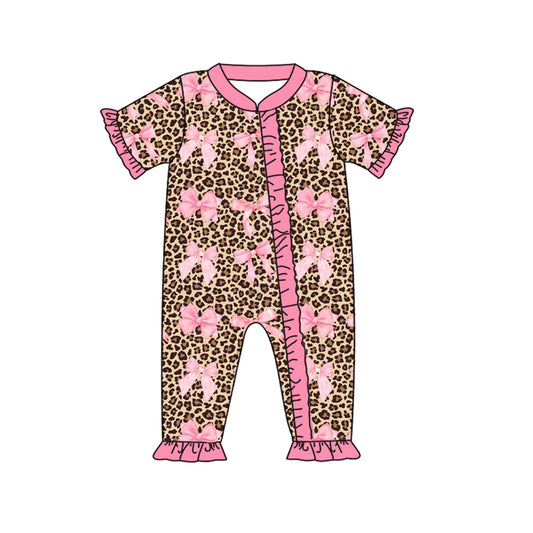 SR0039 Baby Infant Girls Leopard Pink Bows Zip Rompers preorder
