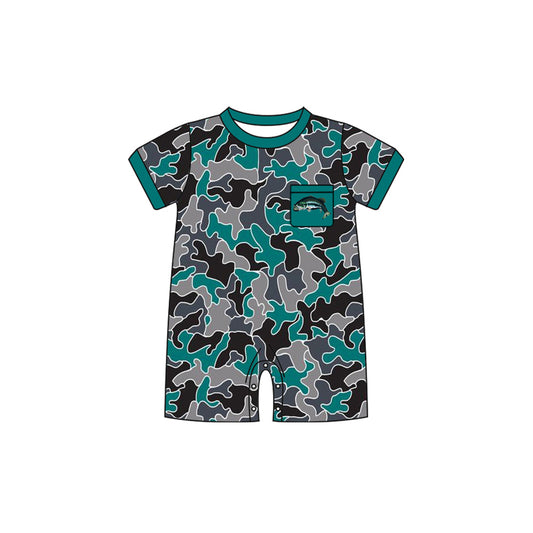 SR2240 Baby Infant Boys Blue Camo Fish Short Sleeve Rompers