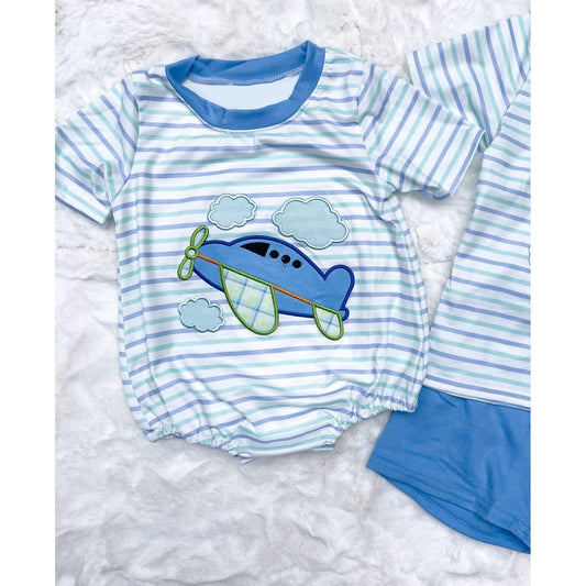 SR2244 Baby Boys Plane Stripes Short Sleeve Rompers