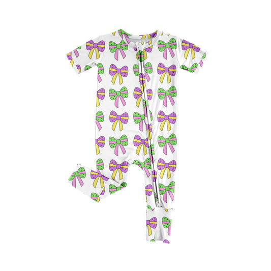 SR2245 Baby Infant Colorful Bows Mardi Gras Zip Short Sleeve Rompers