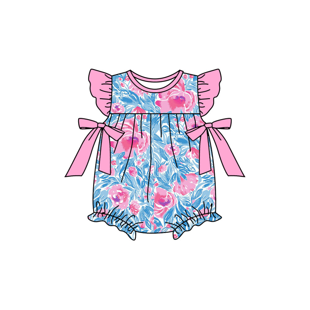 SR2247 Baby Infant Girls Blue Pink Flowers Bows Rompers