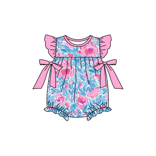 SR2247 Baby Infant Girls Blue Pink Flowers Bows Rompers