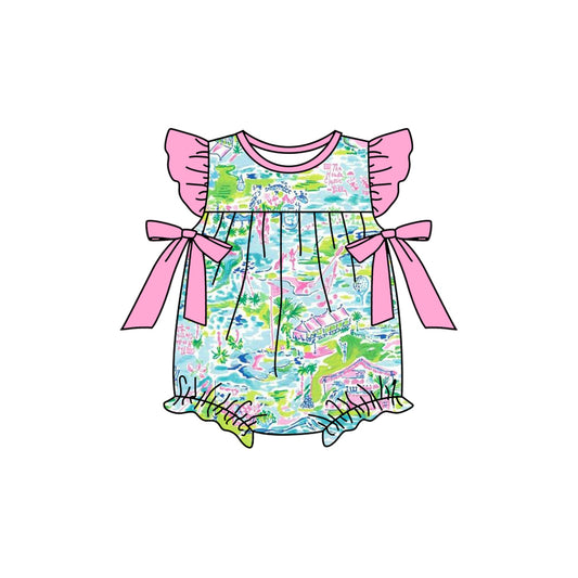 SR2248 Baby Infant Girls Pink Blue Flowers Bows Rompers