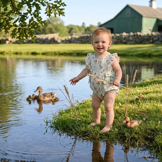 RTS NO MOQ （In stock）milk silk SR2257 Baby Girls Sleeveless Green Ducks Print Bubbles Rompers