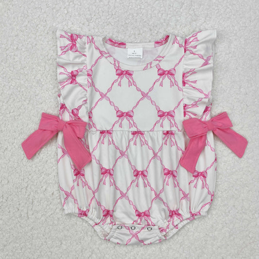 SR2269Pink bow ruffles baby girls summer romper