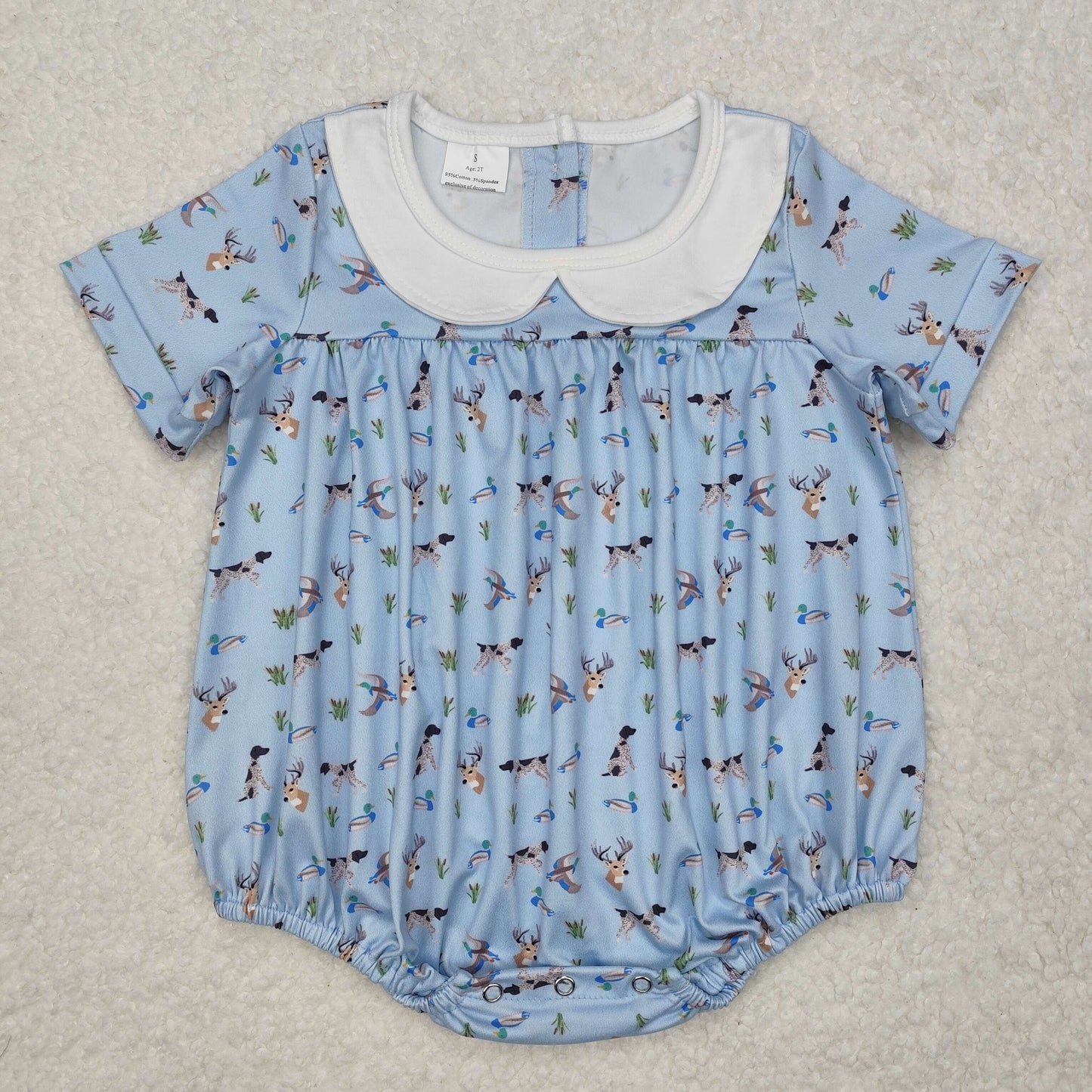 SR2275Short sleeves duck dog deer light blue baby boy romper