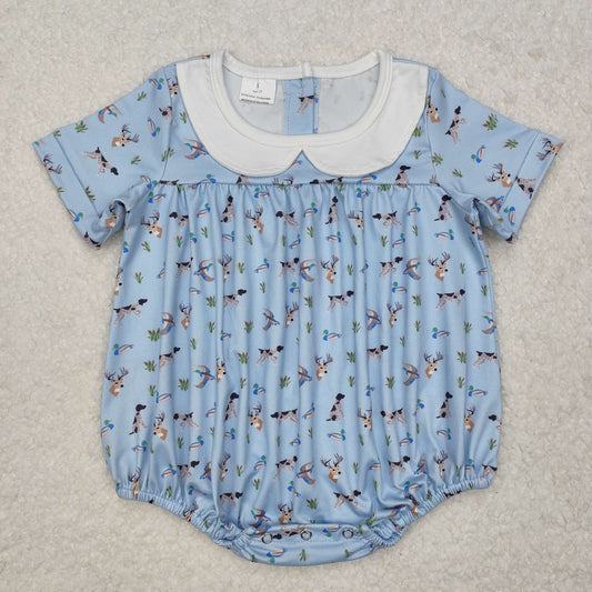 SR2275Short sleeves duck dog deer light blue baby boy romper