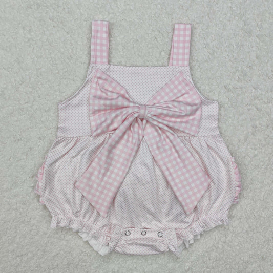 SR2280 Pink plaid bow polka dots baby girls ruffle romper