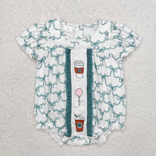 SR2281Short sleeves green bow lollipop baby girls romper