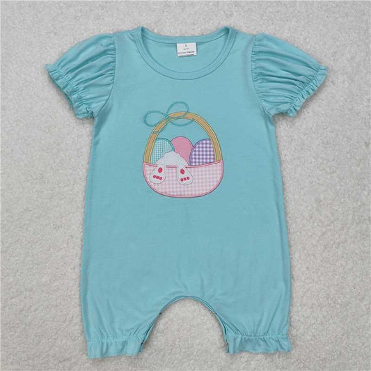 SR2292Baby Girls Short Ruffle Sleeves Embroidery Eggs Bunny Easter Romper