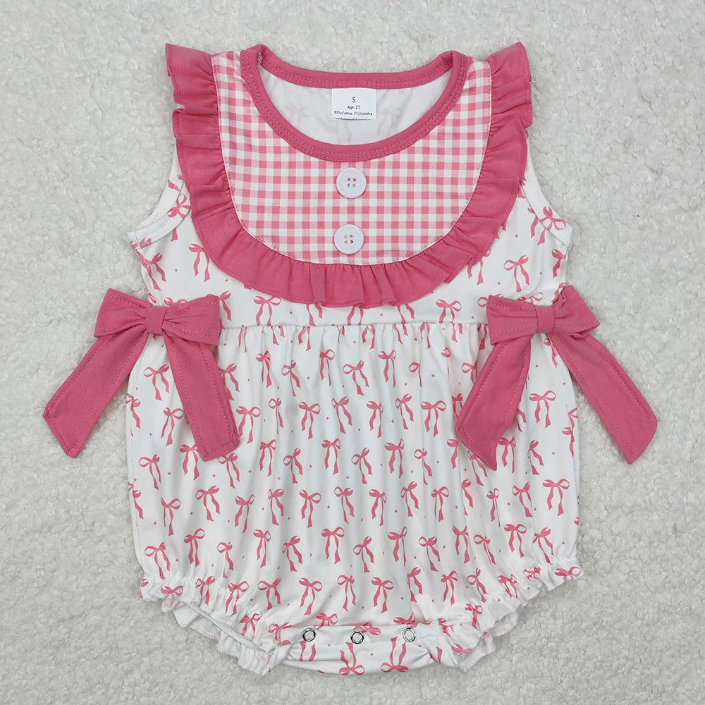 12.27 RTS Sibling Baby Girls Pink Bows Bib Outfits Rompers Suits