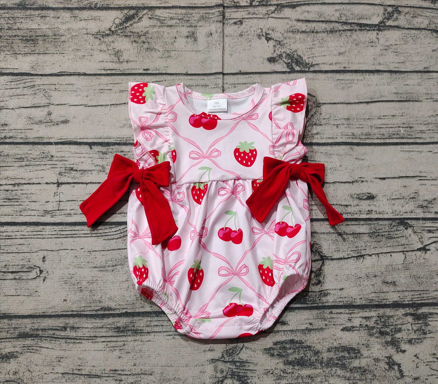 SR2295Ruffle pink bow strawberry cherry baby girls romper