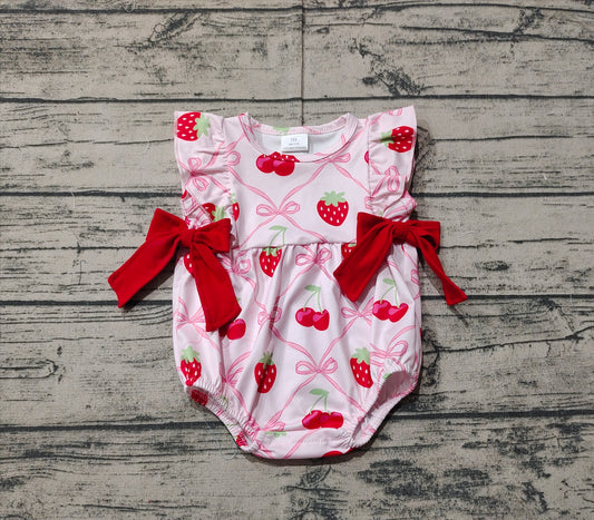 SR2295Ruffle pink bow strawberry cherry baby girls romper