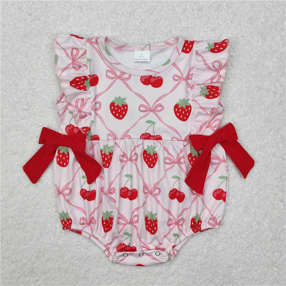 4.26 RTS NO MOQ Girls Ruffle Bow Strawberry Tunic Short Set Spring Clothing Cute Children's Outfit with Flared Skirt And Top