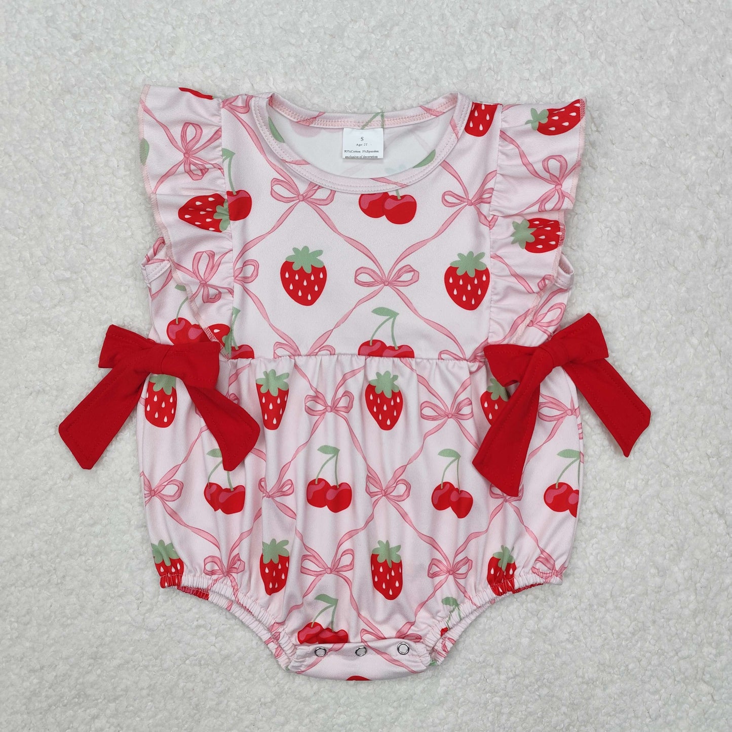 SR2295Ruffle pink bow strawberry cherry baby girls romper