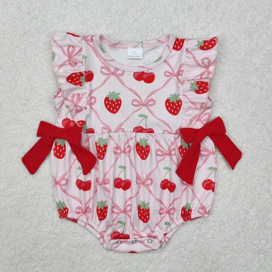 SR2295Ruffle pink bow strawberry cherry baby girls romper