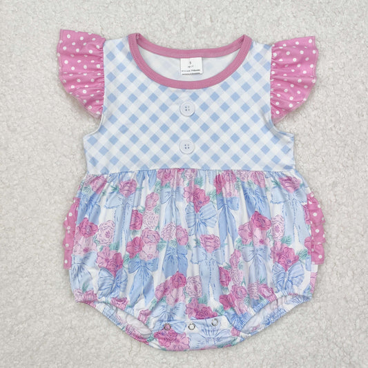 SR2298Flutter sleeves floral bow plaid baby girls romper