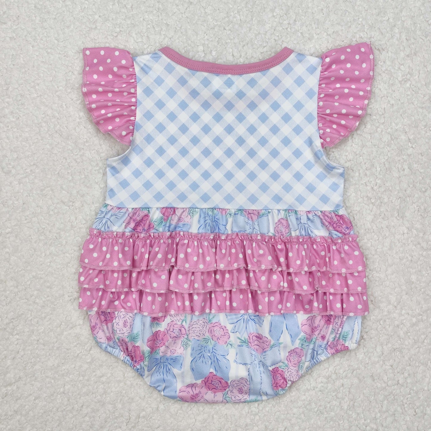 SR2298Flutter sleeves floral bow plaid baby girls romper