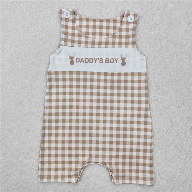 SR2299Khaki plaid sleeveless daddy's boy deer baby romper