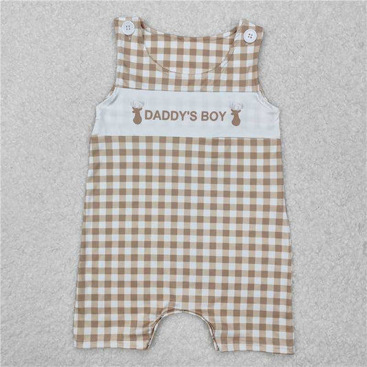 SR2299Khaki plaid sleeveless daddy's boy deer baby romper