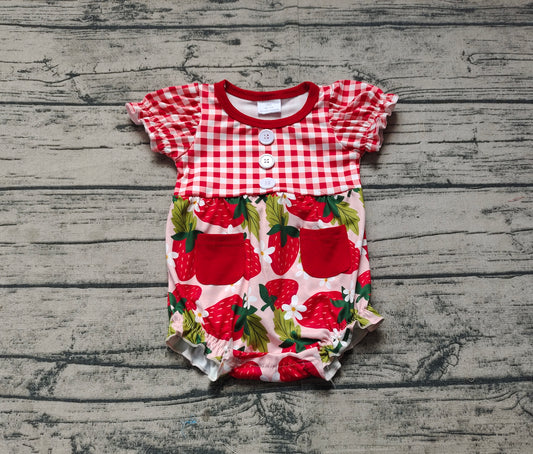 SR2307Red Plaid Short Sleeve Strawberry Baby Girls Romper Cute Children's Clothing 100% Cotton Comfortable Unisex Outfit for Infants