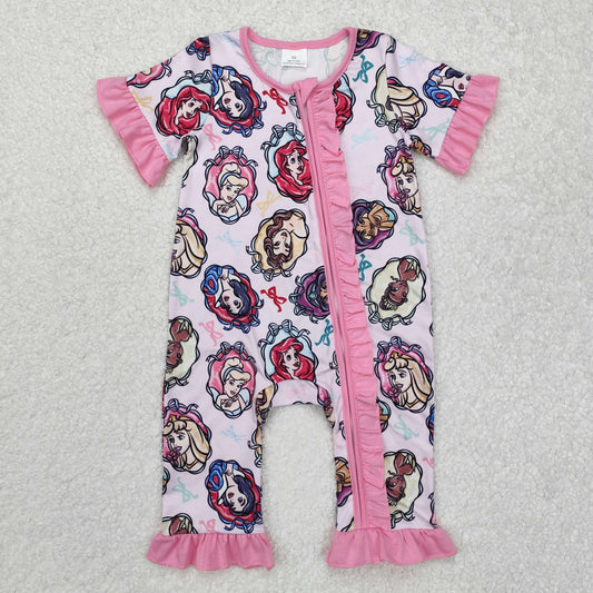 SR2309 Disney princess colorful bow pattern pink lace zipper short-sleeved jumpsuit
