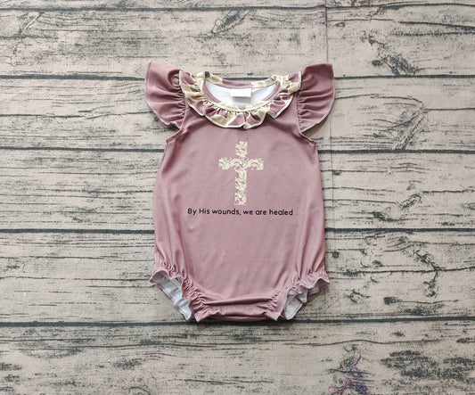 SR2310Flutter sleeves camo cross baby girls Easter romper