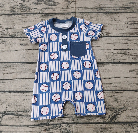 SR2313Baby Boy Short Sleeve Romper with Pocket Striped Baseball Design Comfortable Soft Cotton Outfit for Infants