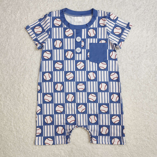 SR2313Baby Boy Short Sleeve Romper with Pocket And Stripes Baseball Design Comfortable Cotton Outfit for Infants