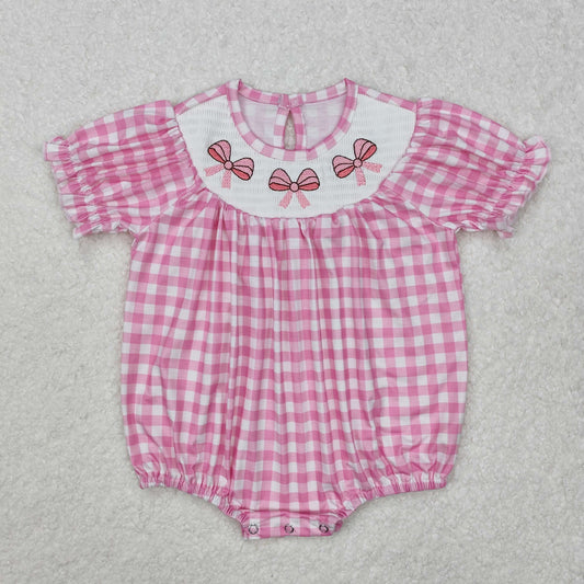 SR2325Short sleeves pink bow baby girls summer romper