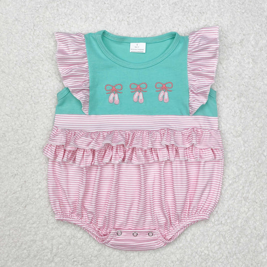 SR2326Pink stripe flutter sleeves dance shoes baby girls romper