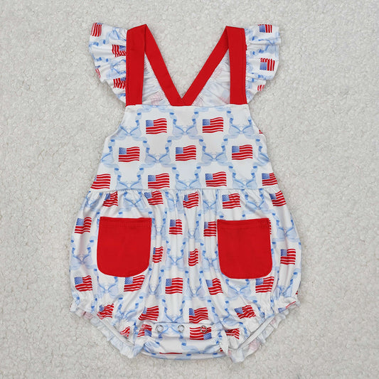SR2331Baby Girls' 4th of July Romper with Flutter Sleeves And Bow Flag Design Red White And Blue Patriotic Outfit for Infants