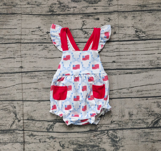 SR2331Baby Girls' 4th of July Romper with Flutter Sleeves And Bow Flag Design Red White And Blue Patriotic Outfit for Infants