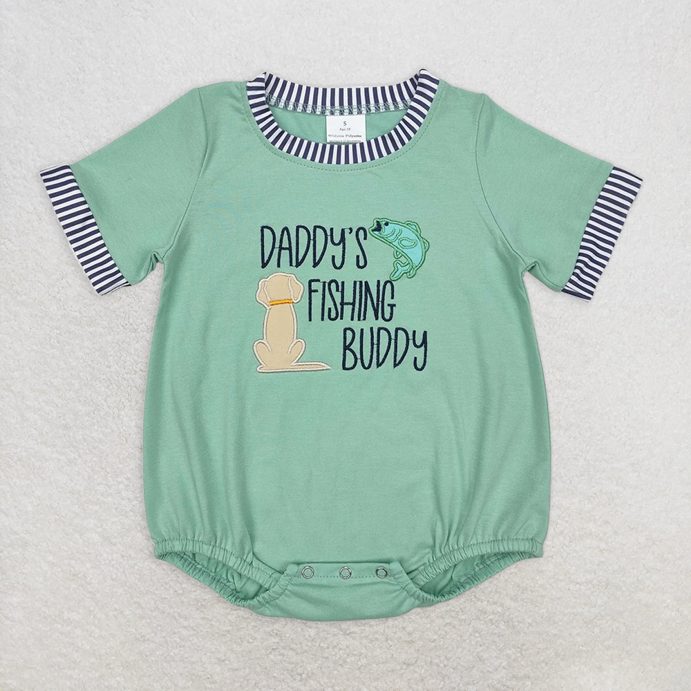 SR2336RTS NO MOQ Baby Boys Summer Rompers Green short sleeves daddy's fishing buddy baby boy romper