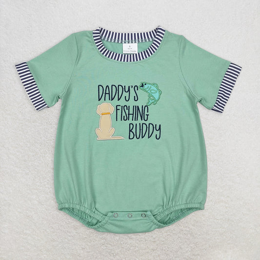SR2336RTS NO MOQ Baby Boys Summer Rompers Green short sleeves daddy's fishing buddy baby boy romper