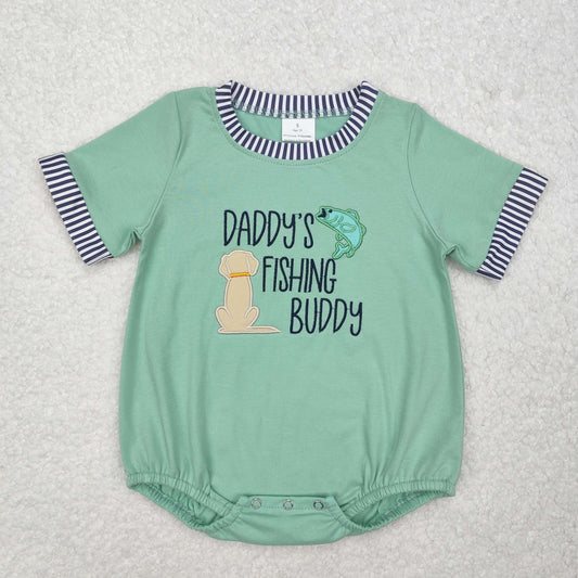 SR2336RTS NO MOQ Baby Boys Summer Rompers Green short sleeves daddy's fishing buddy baby boy romper