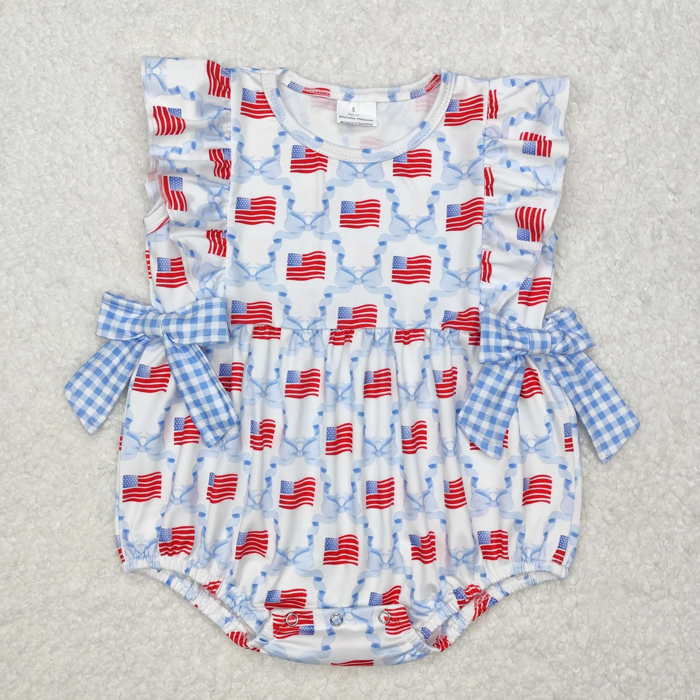 SR2353RTS NO MOQ Baby Girls Summer Rompers Plaid light blue bow flag baby girls 4th of july romper