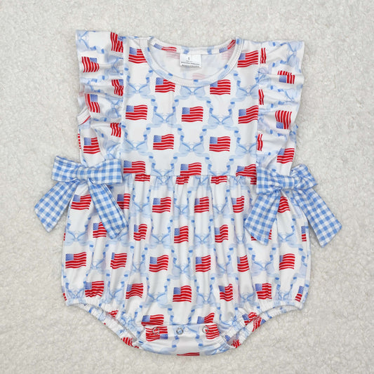 SR2353RTS NO MOQ Baby Girls Summer Rompers Plaid light blue bow flag baby girls 4th of july romper