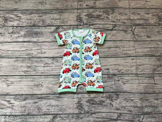 SR2373Short sleeves plaid cars baby kids zipper romper